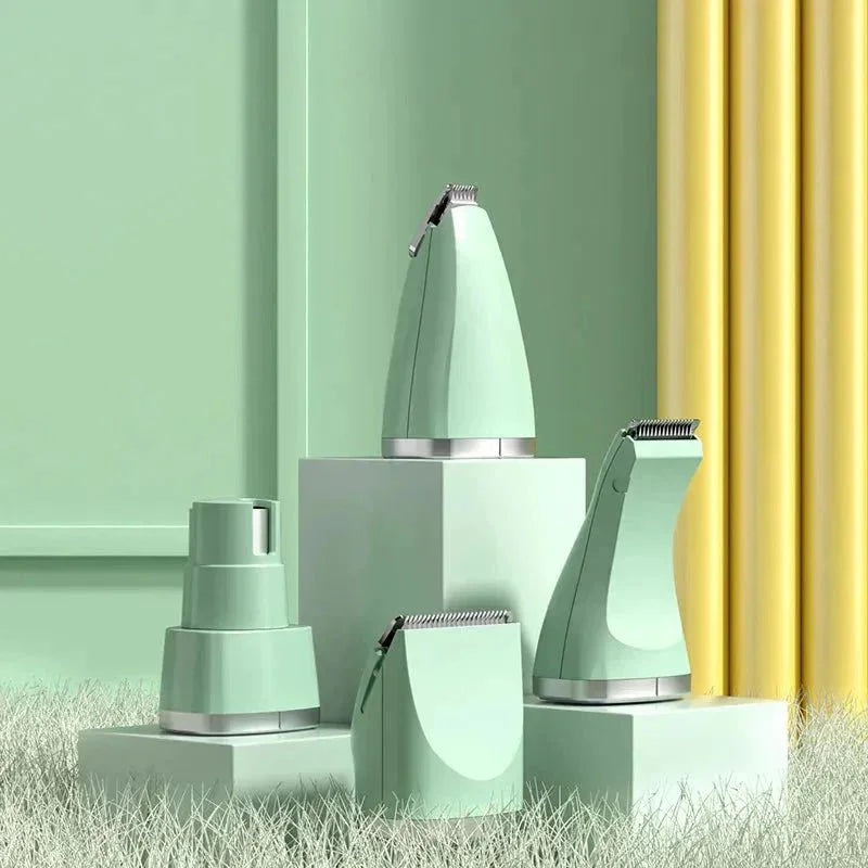 Mint green all-in-one pet grooming kit on display blocks with a modern background