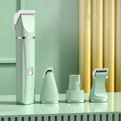 Mint green all-in-one pet grooming kit with four attachments on a matching surface.