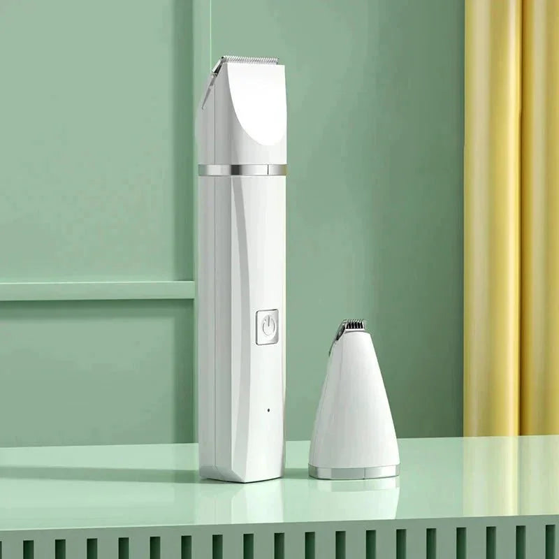 White all-in-one pet grooming kit with trimmer on mint green tabletop and pastel background