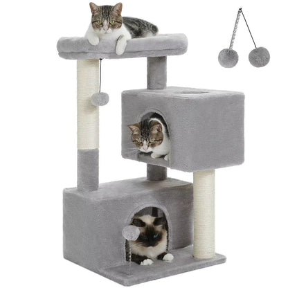 Large cats lounging on multi-level grey cat tree tower with condos and hanging toys