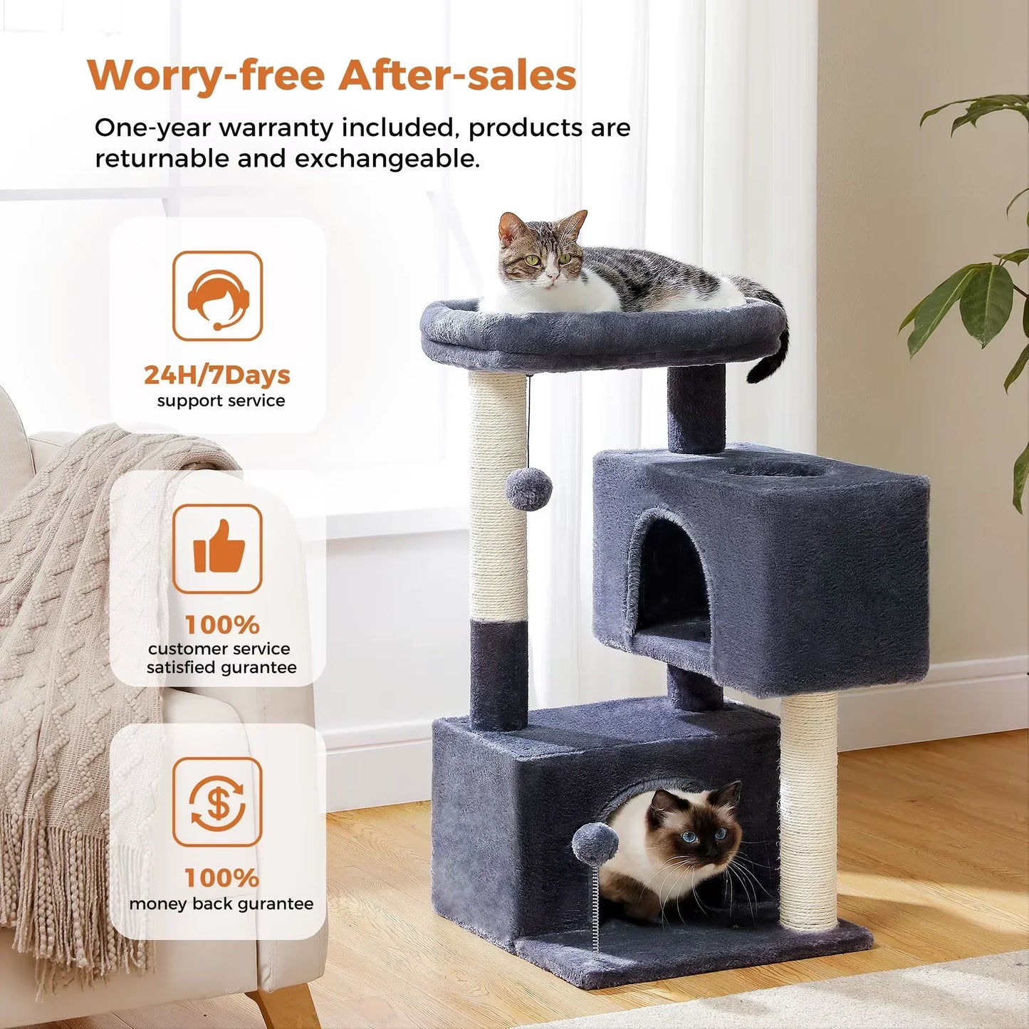 Large gray cat tree tower with two cats, scratching posts, beds, and plush condo indoors