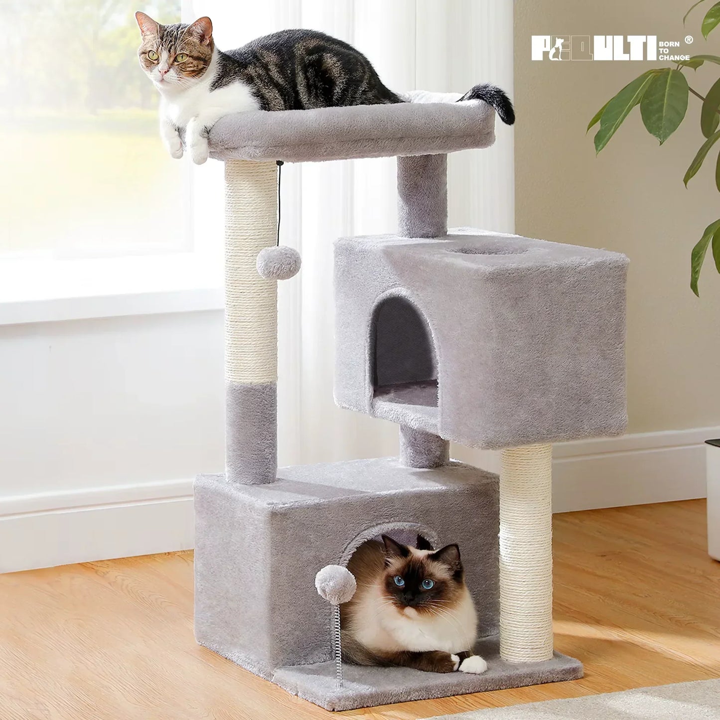 Large cat tree tower with two cats and plush condos in a bright living room