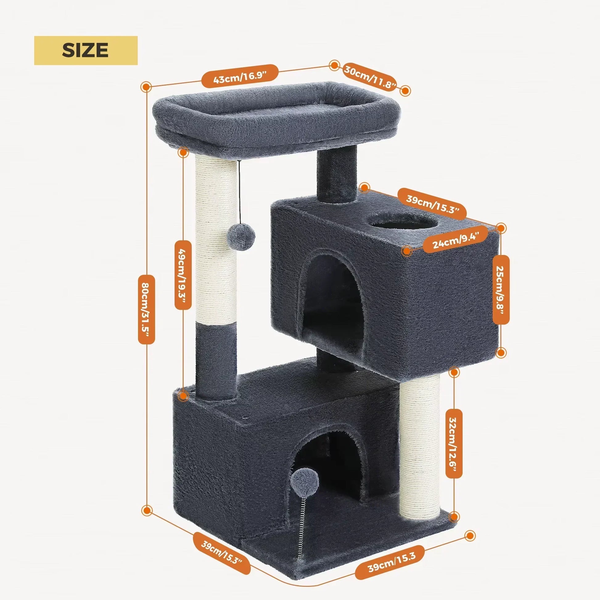 Gray cat tree tower for large cats with condos, scratching posts, and size measurements