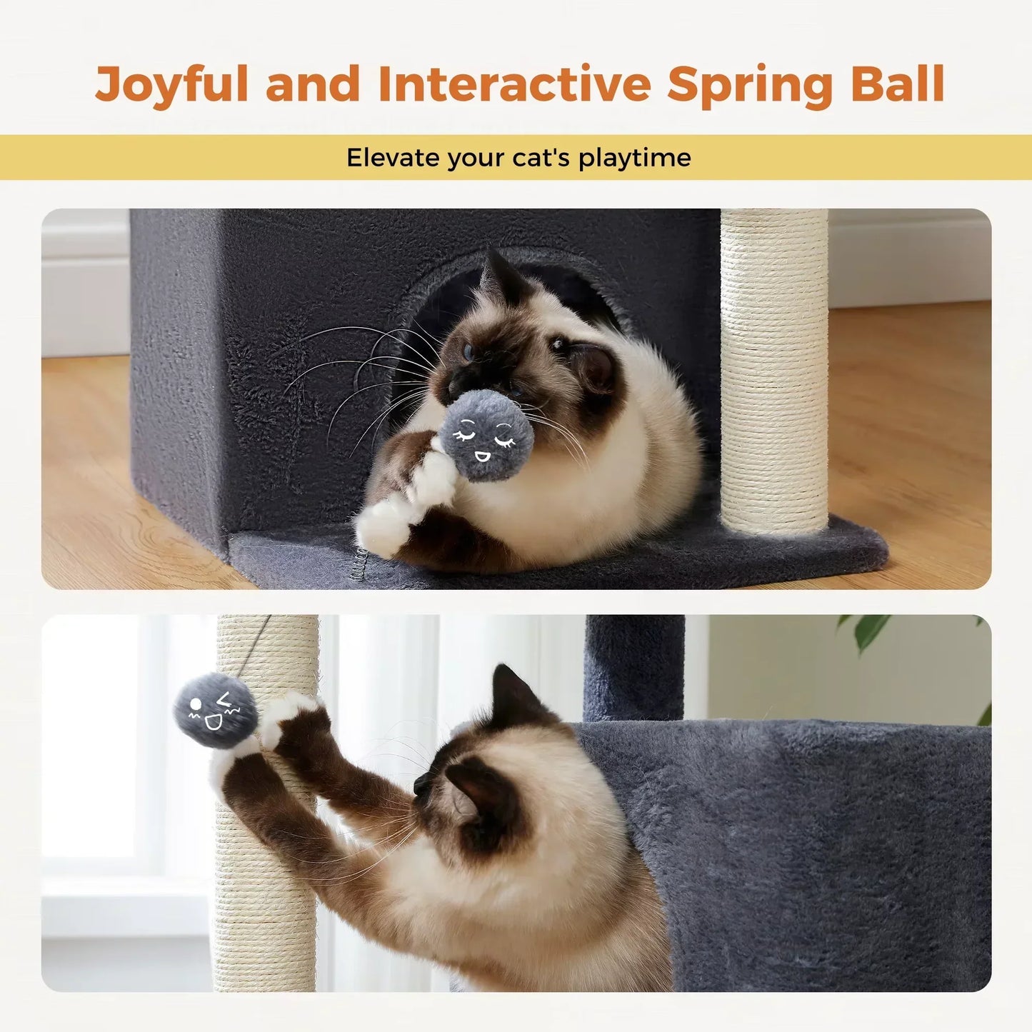 Large cat plays with spring ball toy on gray cat tree tower with scratching post.