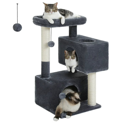 Three cats on a dark gray cat tree tower with sisal scratching posts and hanging toys