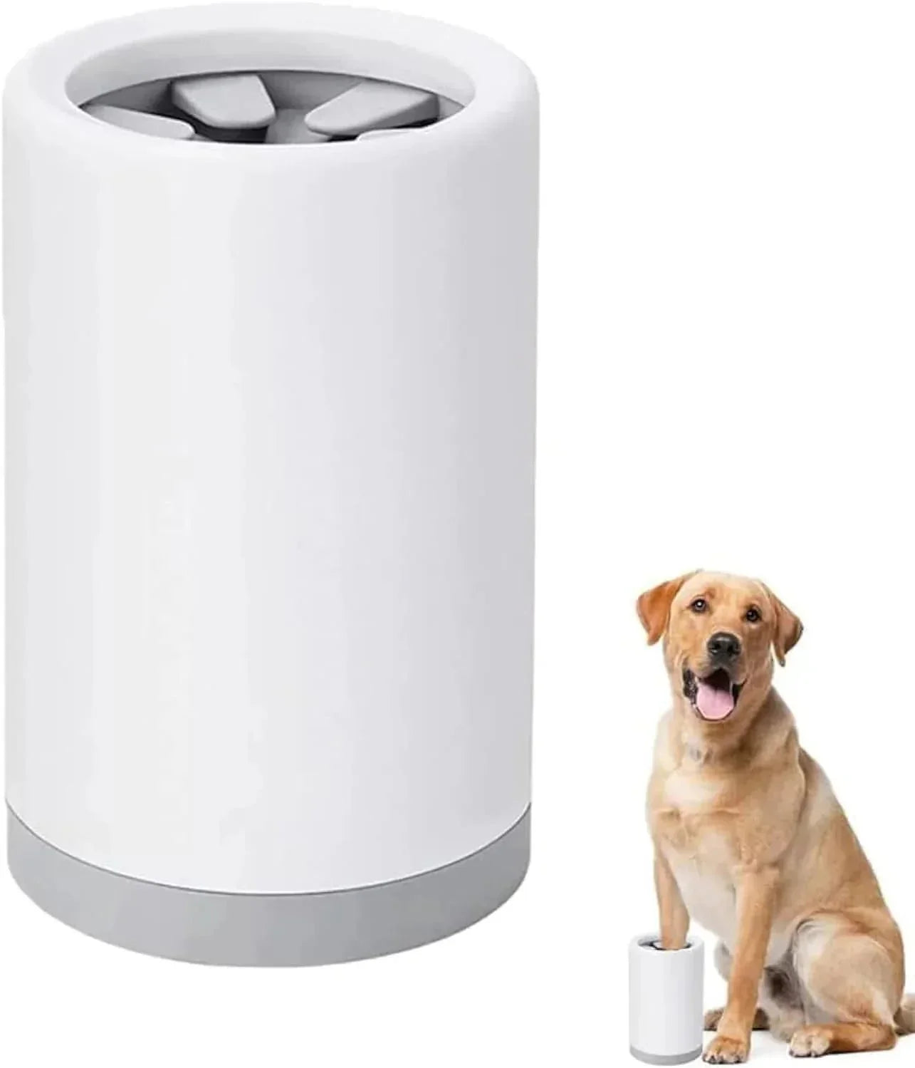 Dog paw cleaner with gray bristles and Labrador retriever using paw washing cup