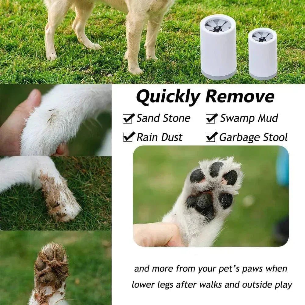 Dog paw cleaner device with clean and dirty dog paws on grass, removes mud, dust, dirt.