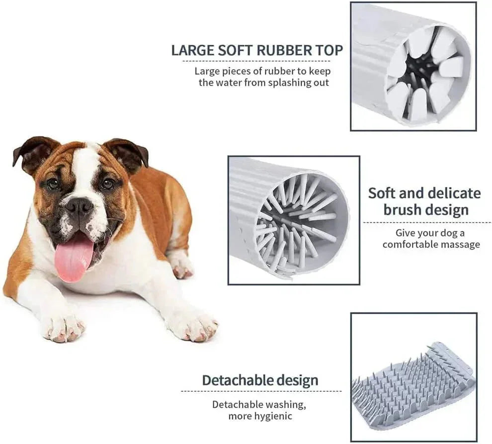 Dog paw cleaner with soft rubber top, brush design, detachable feature, and a happy dog