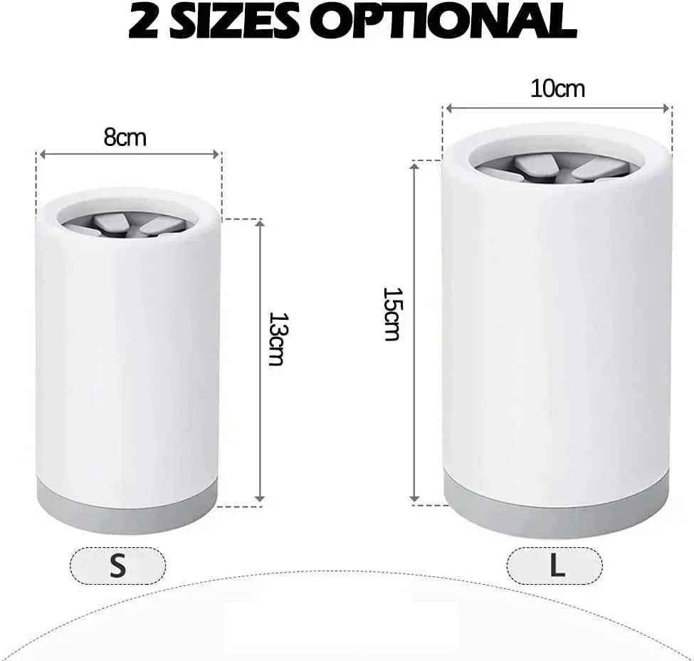 Dog paw cleaner in two sizes, white with gray base, labeled S and L, with measurements.