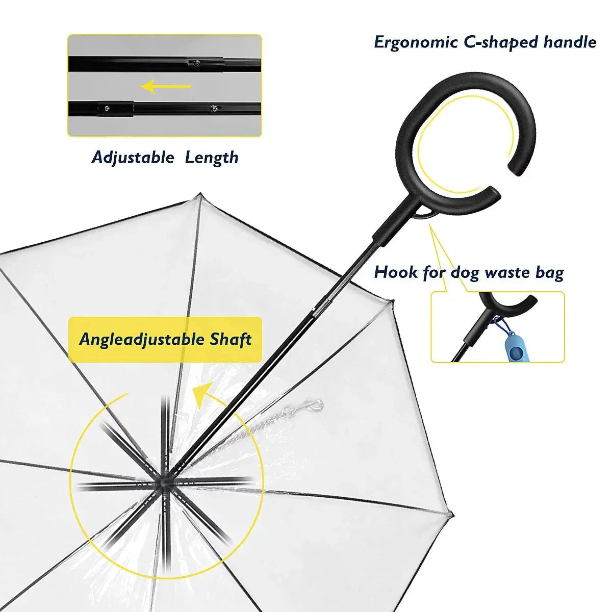 Clear dog umbrella with ergonomic C-shaped handle, adjustable shaft, and hook for waste bag.