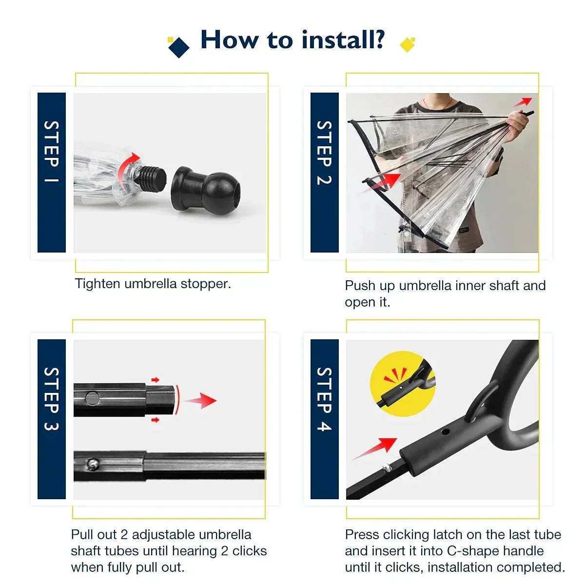 Step-by-step dog umbrella installation guide with stopper, shaft, tubes, and C-shape handle.