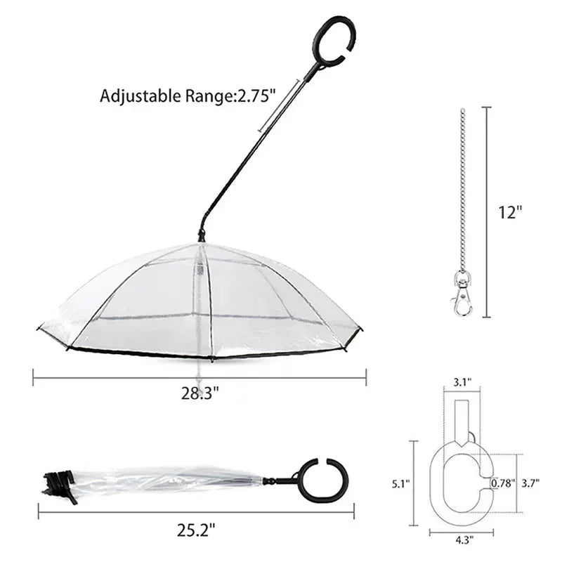 Clear dog umbrella with black handle, leash attachment, and size measurements displayed.
