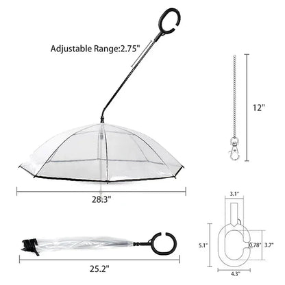 Clear dog umbrella with black handle, leash attachment, and size measurements displayed.