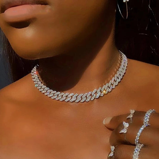 15mm Cuban Link Chain Necklace – Fashion Hip Hop Bling Iced Out Rhinestone Rapper Collar for Women & Men
