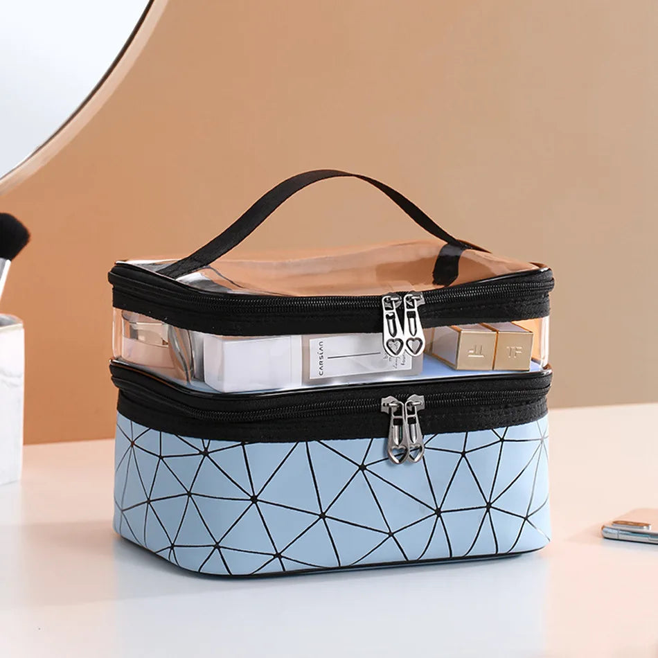 Multifunction Double-Layer Transparent Cosmetic Bag – Large Capacity Travel Makeup Organizer