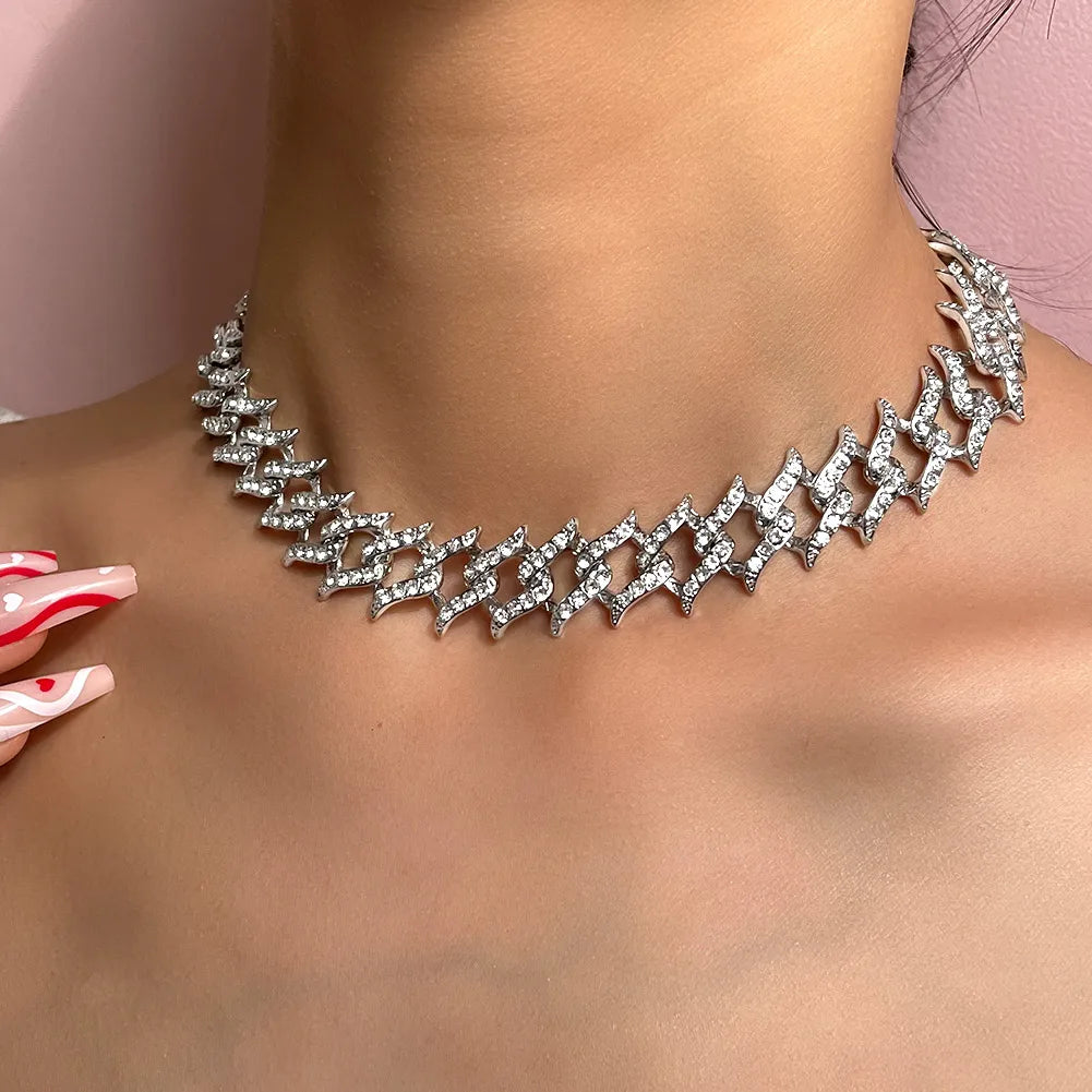 15mm Cuban Link Chain Necklace – Fashion Hip Hop Bling Iced Out Rhinestone Rapper Collar for Women & Men