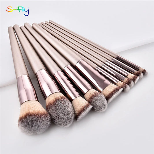 Set of 4 or 10 Champagne Makeup Brushes – Foundation, Powder, Blush & Eyeshadow Kabuki Blending Tools