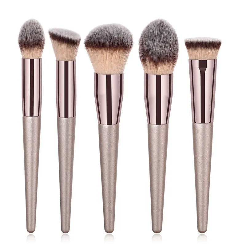 Set of 4 or 10 Champagne Makeup Brushes – Foundation, Powder, Blush & Eyeshadow Kabuki Blending Tools