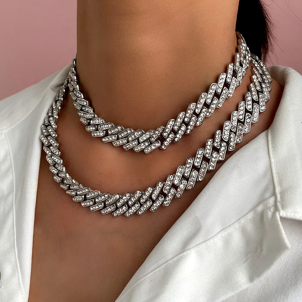 15mm Cuban Link Chain Necklace – Fashion Hip Hop Bling Iced Out Rhinestone Rapper Collar for Women & Men