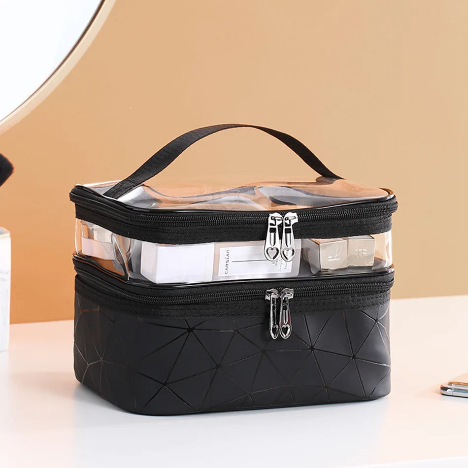 Multifunction Double-Layer Transparent Cosmetic Bag – Large Capacity Travel Makeup Organizer
