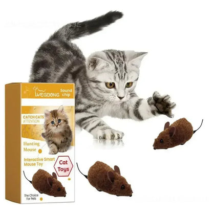Silver tabby kitten playing with interactive smart brown mouse toy designed to catch cats' attention