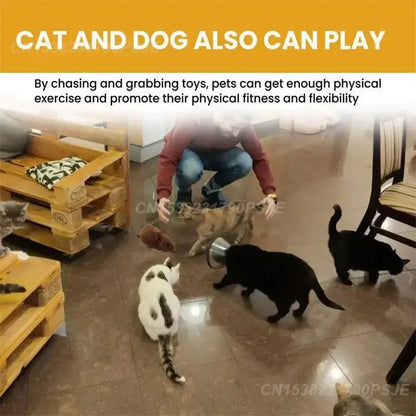 Person playing with multiple cats indoors using an interactive mouse toy to promote pet exercise