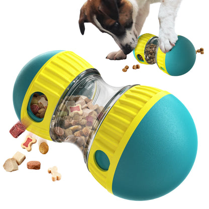 Interactive yellow and teal dog treat dispenser toy with a dog pawing and retrieving kibble
