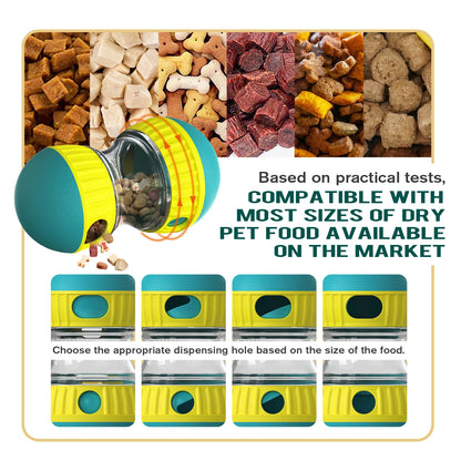 Interactive dog treat dispenser compatible with various dry pet food sizes and adjustable dispensing holes