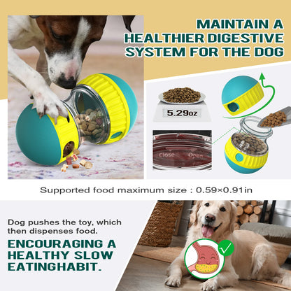 Interactive dog food dispensing toy in teal and yellow promoting healthy slow eating for dogs