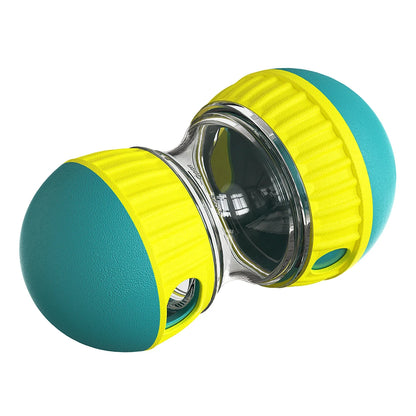 Interactive dog training toy with teal and yellow rubber ends and clear center compartment