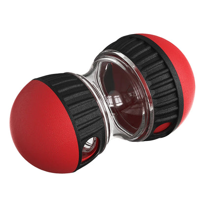 Interactive dog training toy with red rubber ends and clear center for dispensing treats