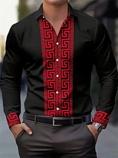 Men's black long-sleeve shirt with red geometric patterns on front and cuffs, button-up streetwear style