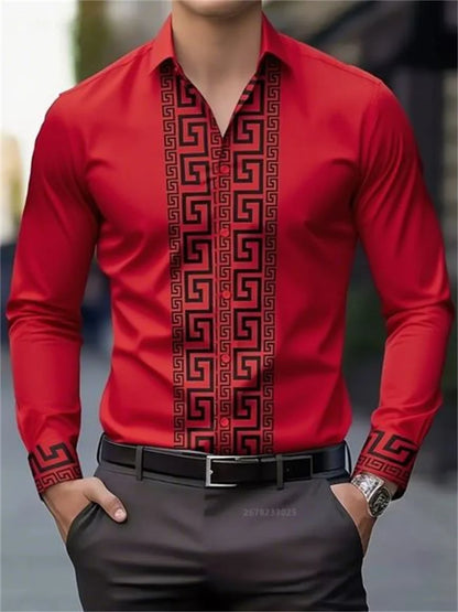 Men's red long-sleeve button-up shirt with black geometric pattern on front and cuffs, styled with black belt and gray pants