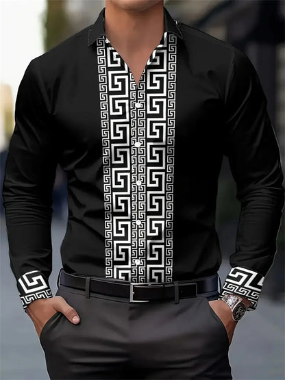 Men's black long-sleeve button-up shirt with bold white geometric pattern on front and cuffs, paired with black belt and trousers