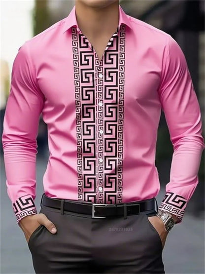 Men's pink long-sleeve shirt with bold black geometric pattern on front and cuffs, styled with black pants