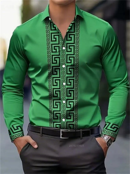 Men's green long-sleeve button-up shirt with black geometric pattern on front and cuffs, paired with black belt and pants