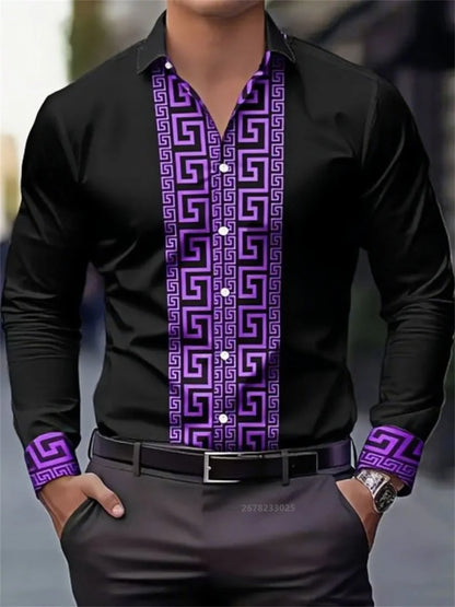 Men's black long-sleeve shirt with bold purple geometric pattern on front and cuffs, button-up style