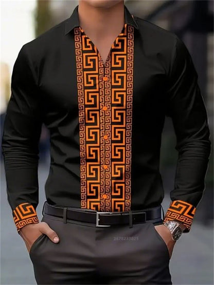 Men's black long-sleeve button-up shirt with bold orange geometric pattern on front and cuffs