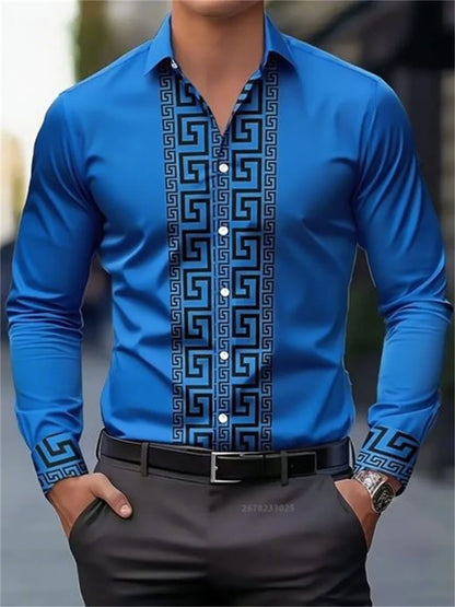 Men's blue geometric pattern long-sleeve button-up shirt with streetwear style, worn with black belt and watch