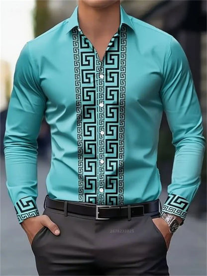 Men's turquoise long-sleeve button-up shirt with black geometric pattern, paired with black belt and dark pants