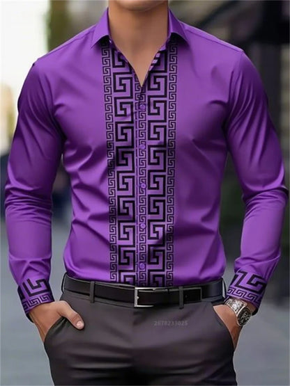 Men's purple long-sleeve shirt with black geometric pattern, lapel collar, and button-up front