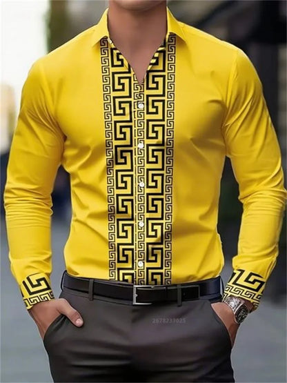 Men's yellow long-sleeve button-up shirt with black geometric pattern on front and cuffs, paired with black belt and pants