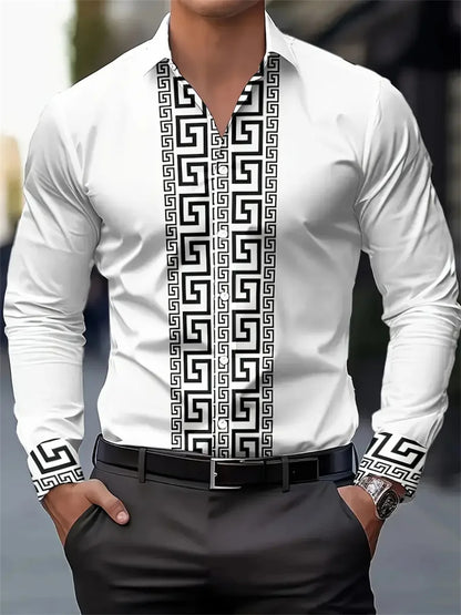 Men's white long-sleeve button-up shirt with black geometric pattern on front and cuffs