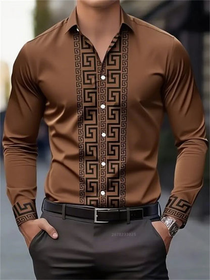 Men's brown long-sleeve button-up shirt with black geometric pattern and dress pants