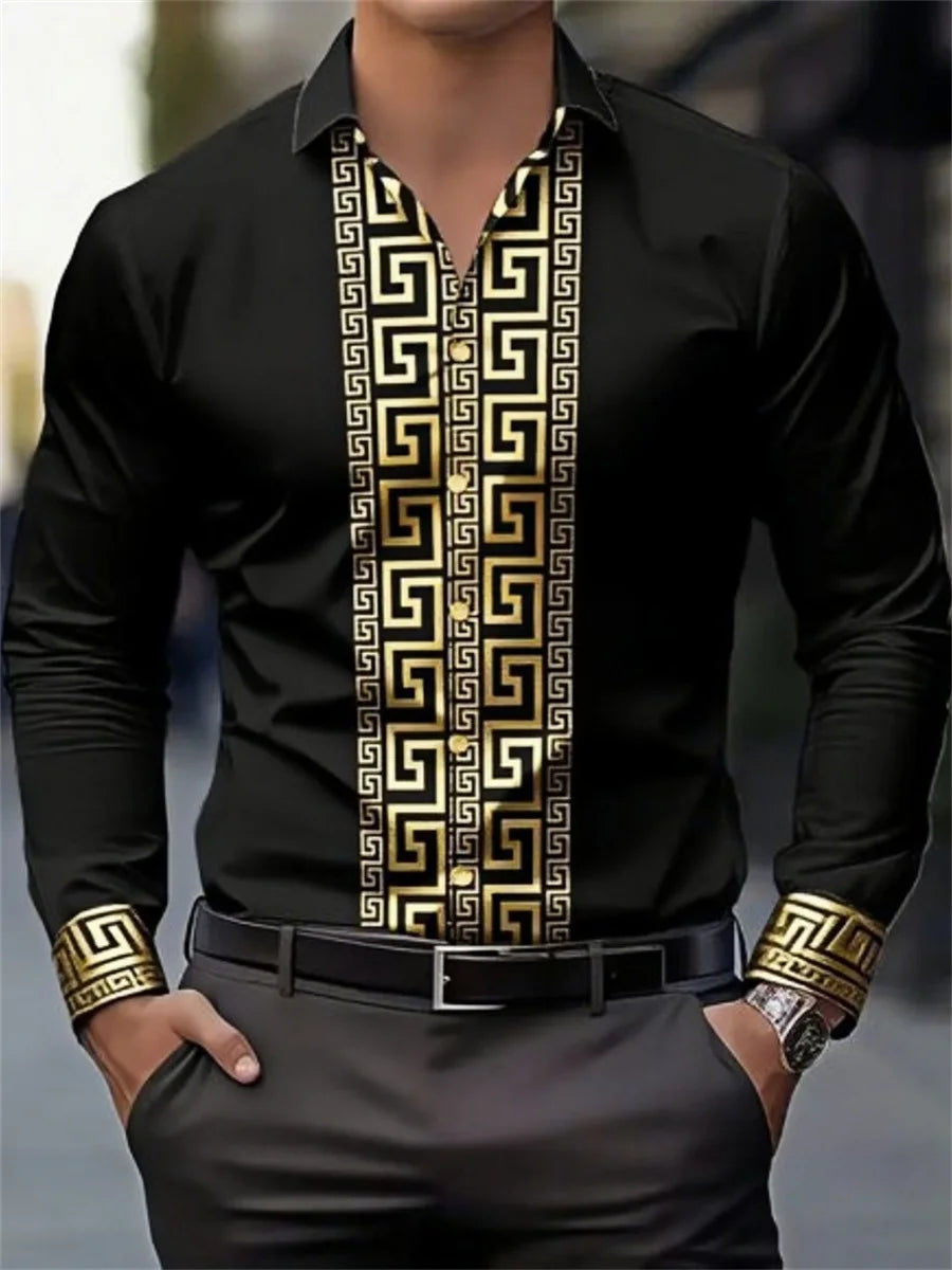 Men’s Geometric Pattern Long-Sleeve Shirt Fashion Lapel Button Up Streetwear