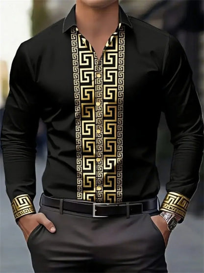Men's black long-sleeve shirt with gold geometric pattern, button-up, and streetwear style