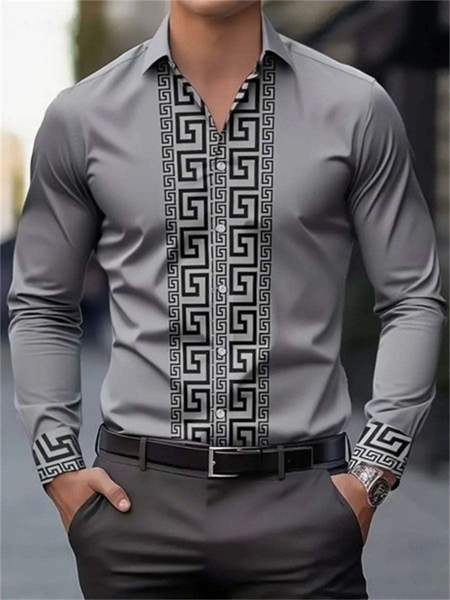 Men’s Geometric Pattern Long-Sleeve Shirt Fashion Lapel Button Up Streetwear