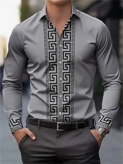 Men's gray long-sleeve shirt with black geometric pattern on front and cuffs, button-up streetwear style