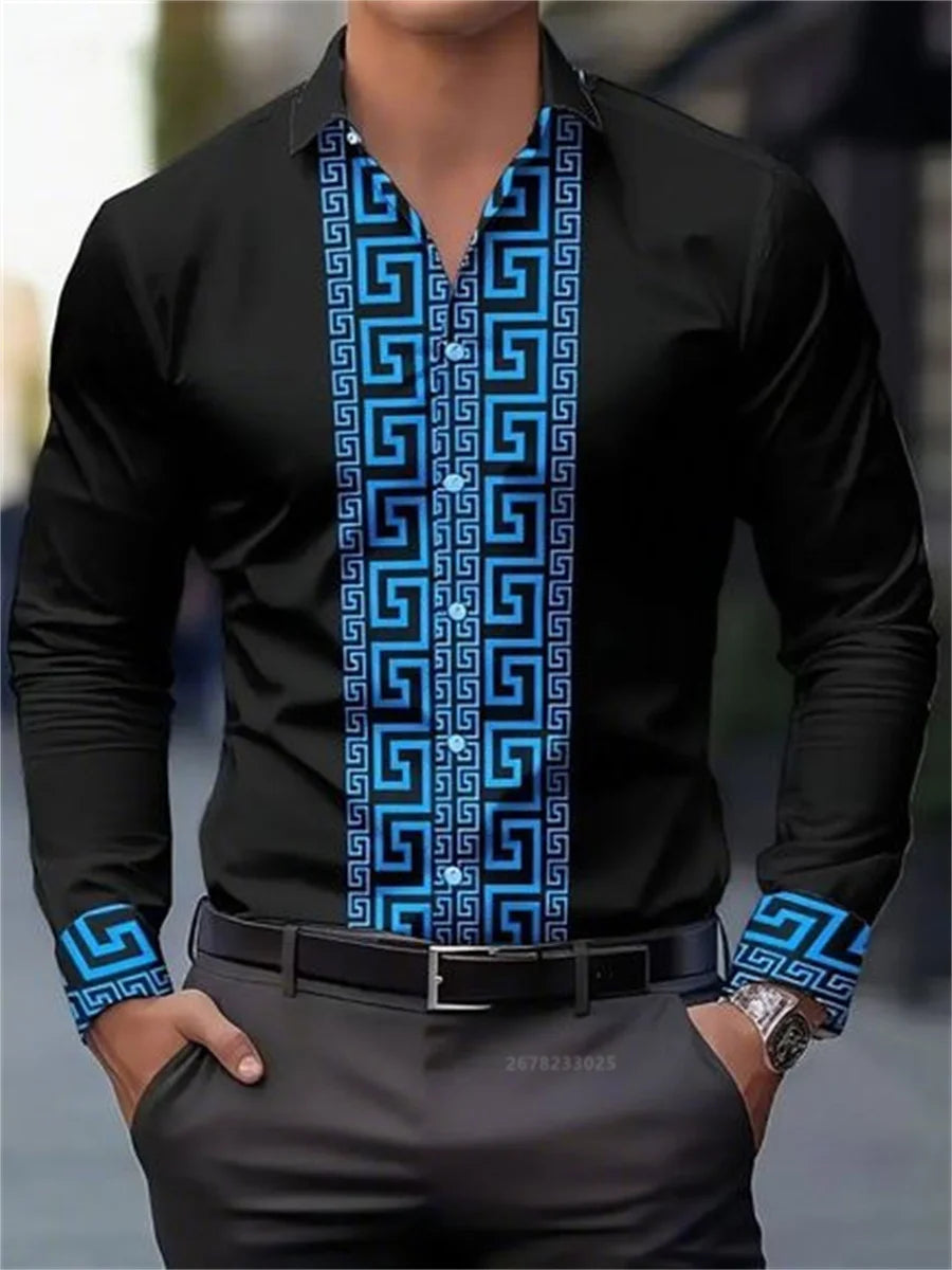 Men’s Geometric Pattern Long-Sleeve Shirt Fashion Lapel Button Up Streetwear
