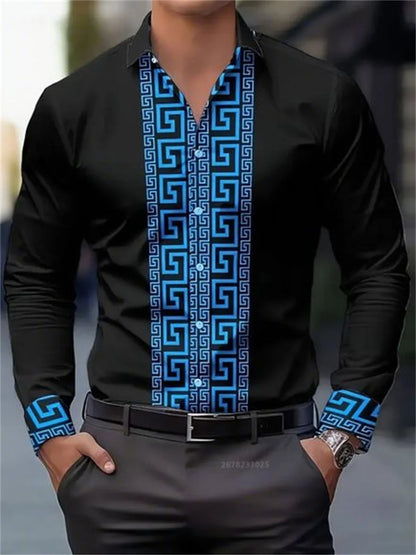 Men's black long-sleeve shirt with blue geometric pattern on front placket and cuffs, worn with black belt and watch